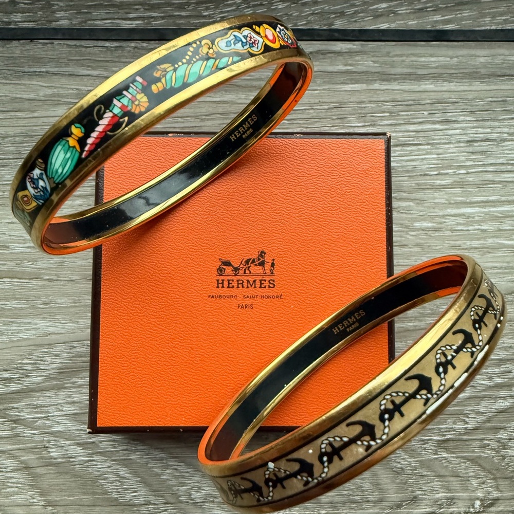 Hermes Gold and Multicolor Enamel Bracelets